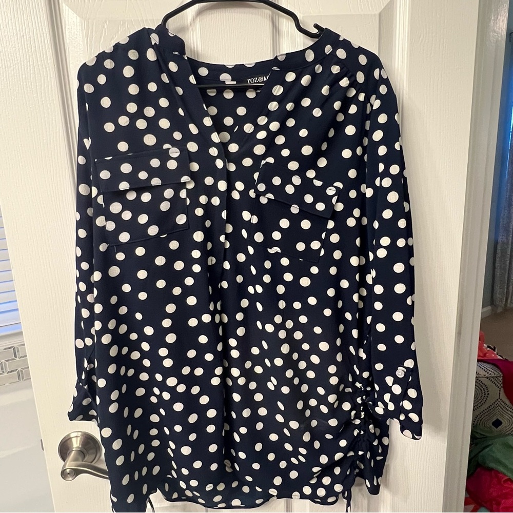 Roz & Ali Dark Blue Polka Dot Blouse
